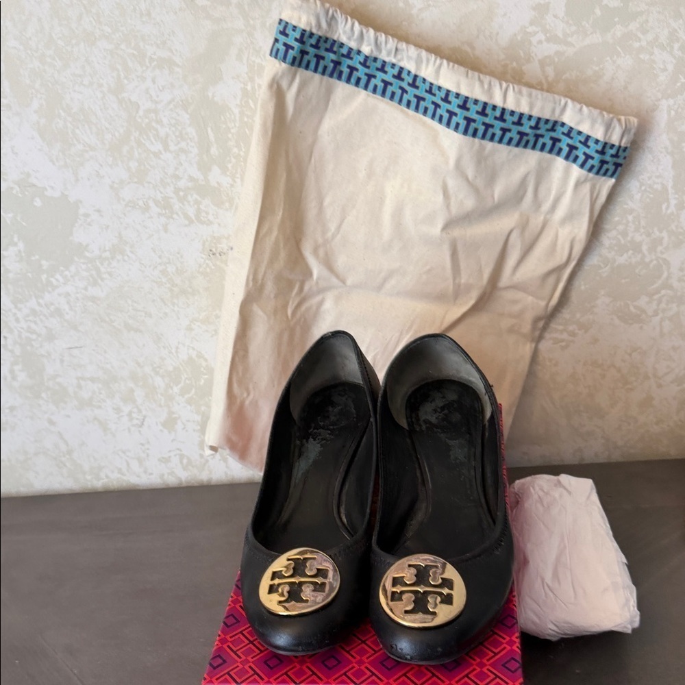 Tory Burch Black Heels with Gold Logo